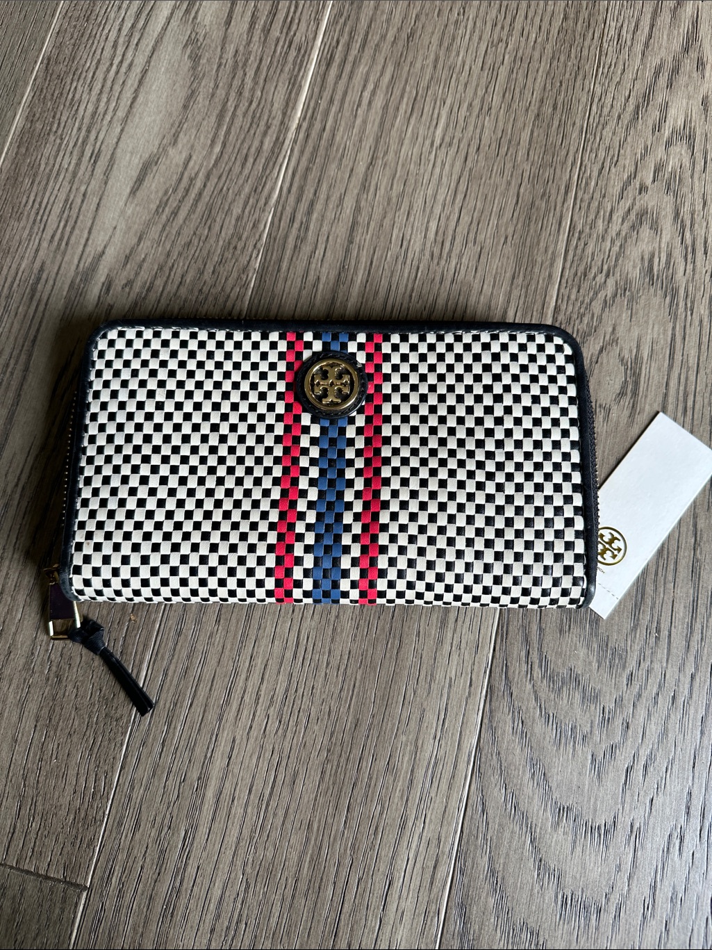 Tory Burch Black & White Checker Wallet With Red And Blue Stripes